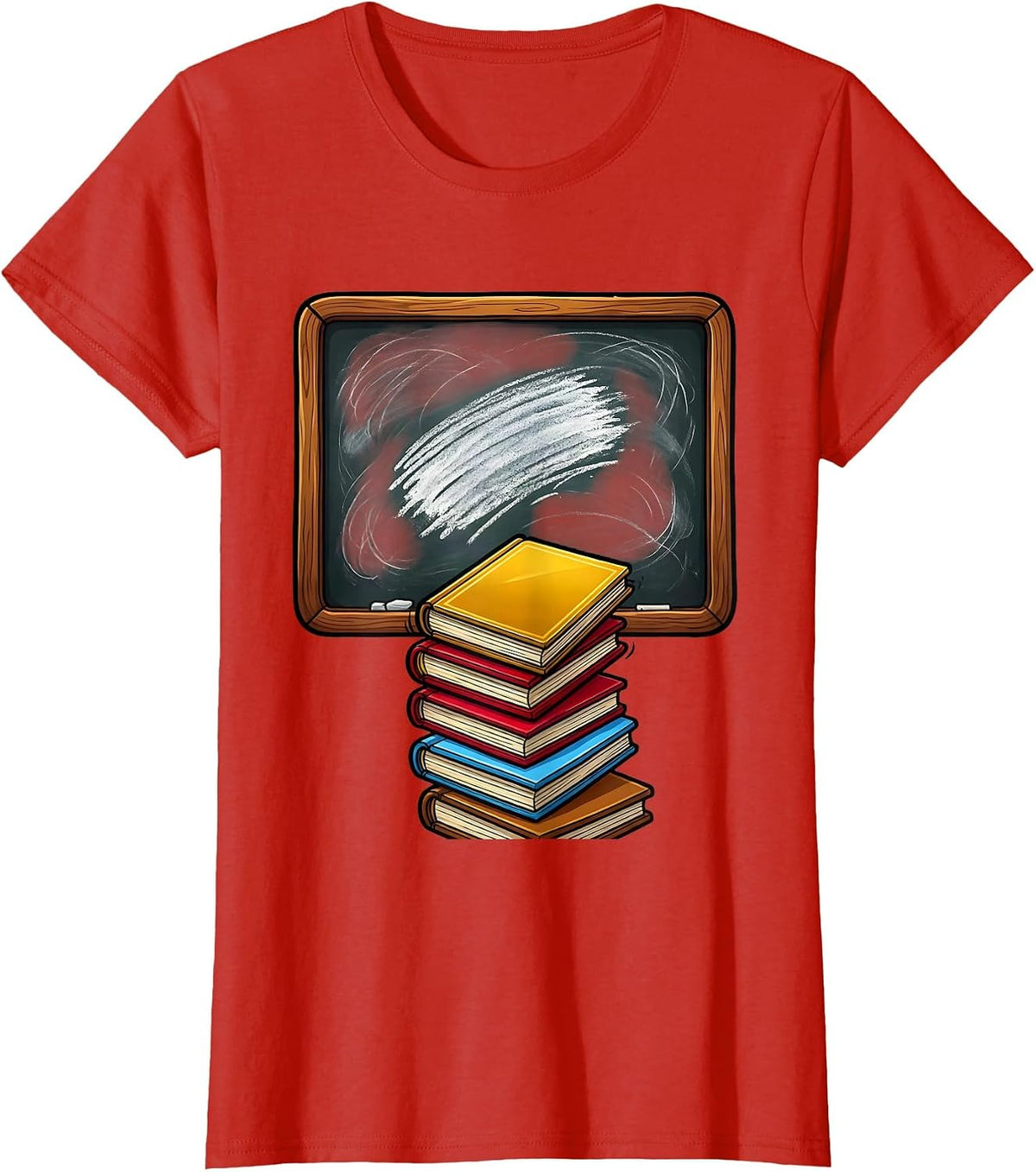 Women's Reading Teacher Chalkboard and Books Illustration T-Shirt - Red