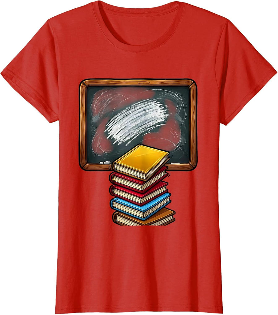 Women's Reading Teacher Chalkboard and Books Illustration T-Shirt - Red