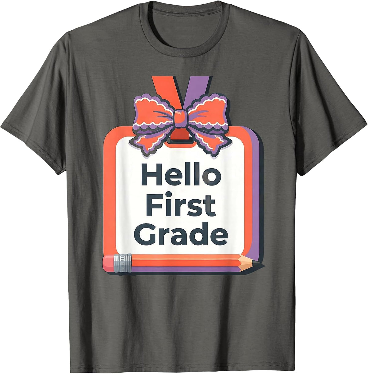Hello First Grade Cute Coquette Bow Back To School Pencil T-Shirt - Asphalt Grey