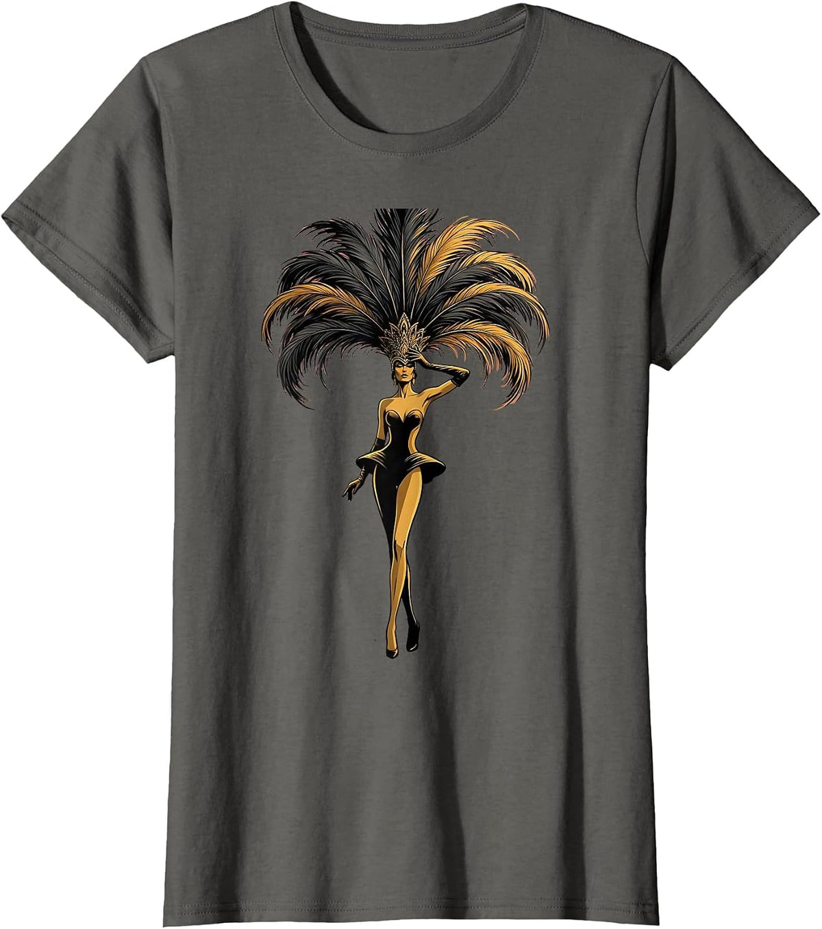 Women's Showgirl Feathered Headdress Illustration T-Shirt - Asphalt Grey
