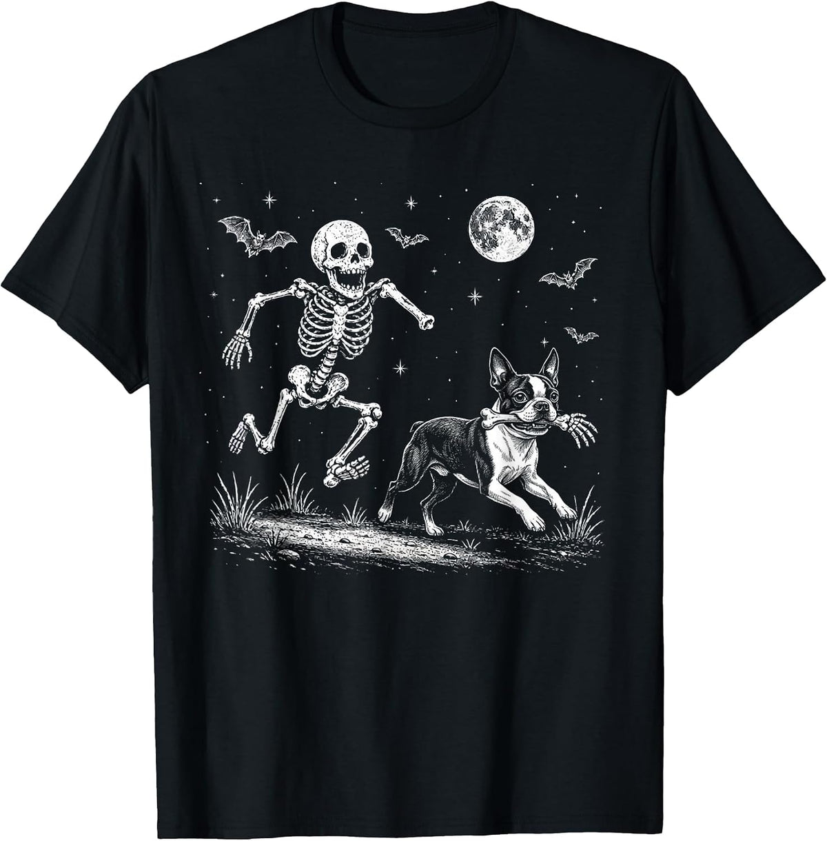 Funny Skeleton Chasing Boston Terrier Halloween Dog Mom Pet T-Shirt - Black
