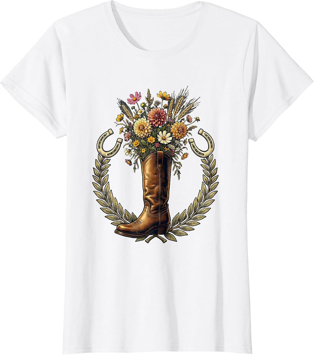 Women's Derby Floral Riding Boot Fall Fashion Graphic T-Shirt - White
