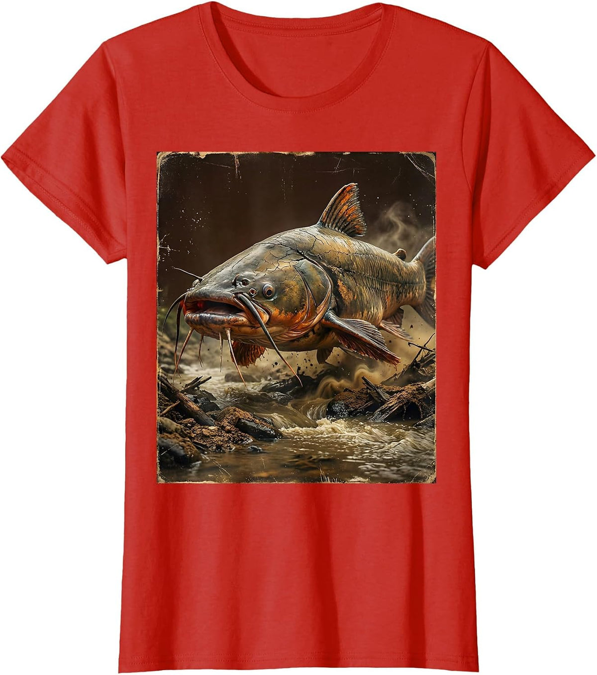 Catfish Riverbed Lurking Fishing Graphic T-Shirt - Red