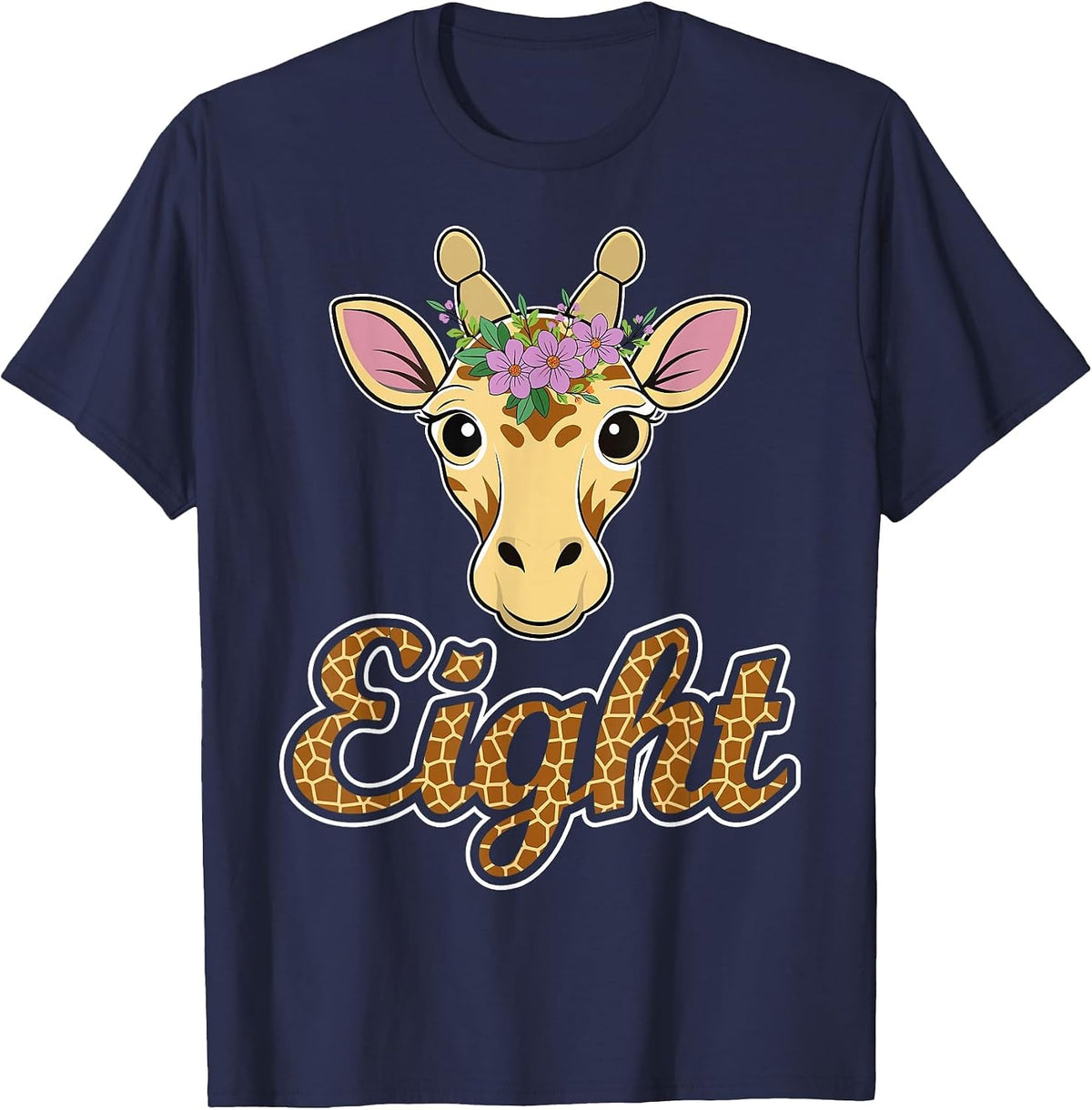Kids Eight Years Old Cute Giraffe Lover 8th Birthday Party T-Shirt - Navy Blue