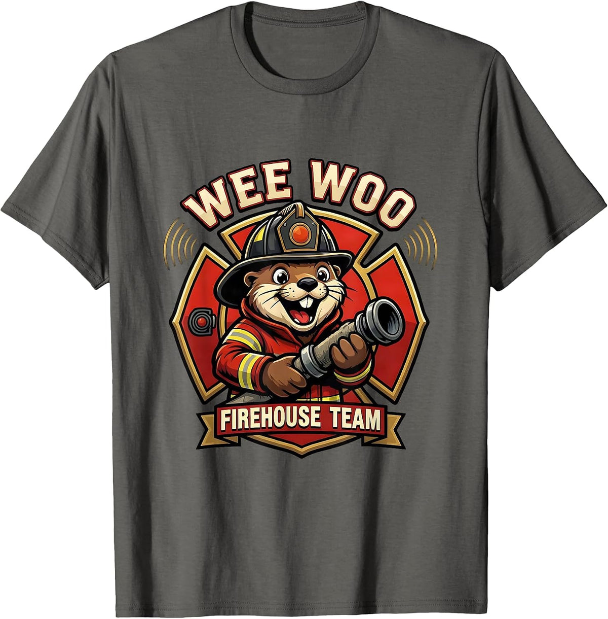Wee Woo Firehouse Team Funny Firefighter Mascot Otter Logo T-Shirt - Asphalt Grey