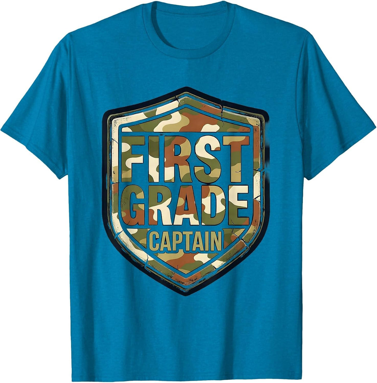 First Grade Captain Distressed Camo Back To School Boys T-Shirt - Sapphire Blue