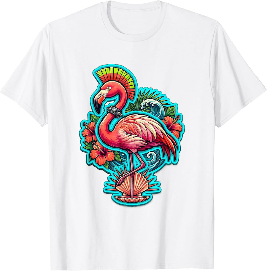Men's Punk Flamingo Mohawk Studded Collar Rock Art T-Shirt - White