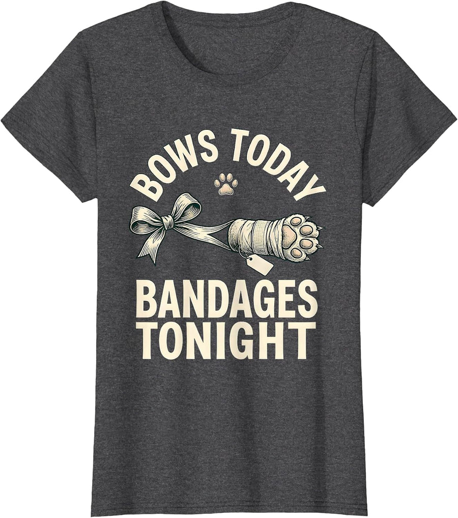 Women's Bows Today Bandages Tonight Funny Vet Tech Christmas T-Shirt - Dark Heather Grey