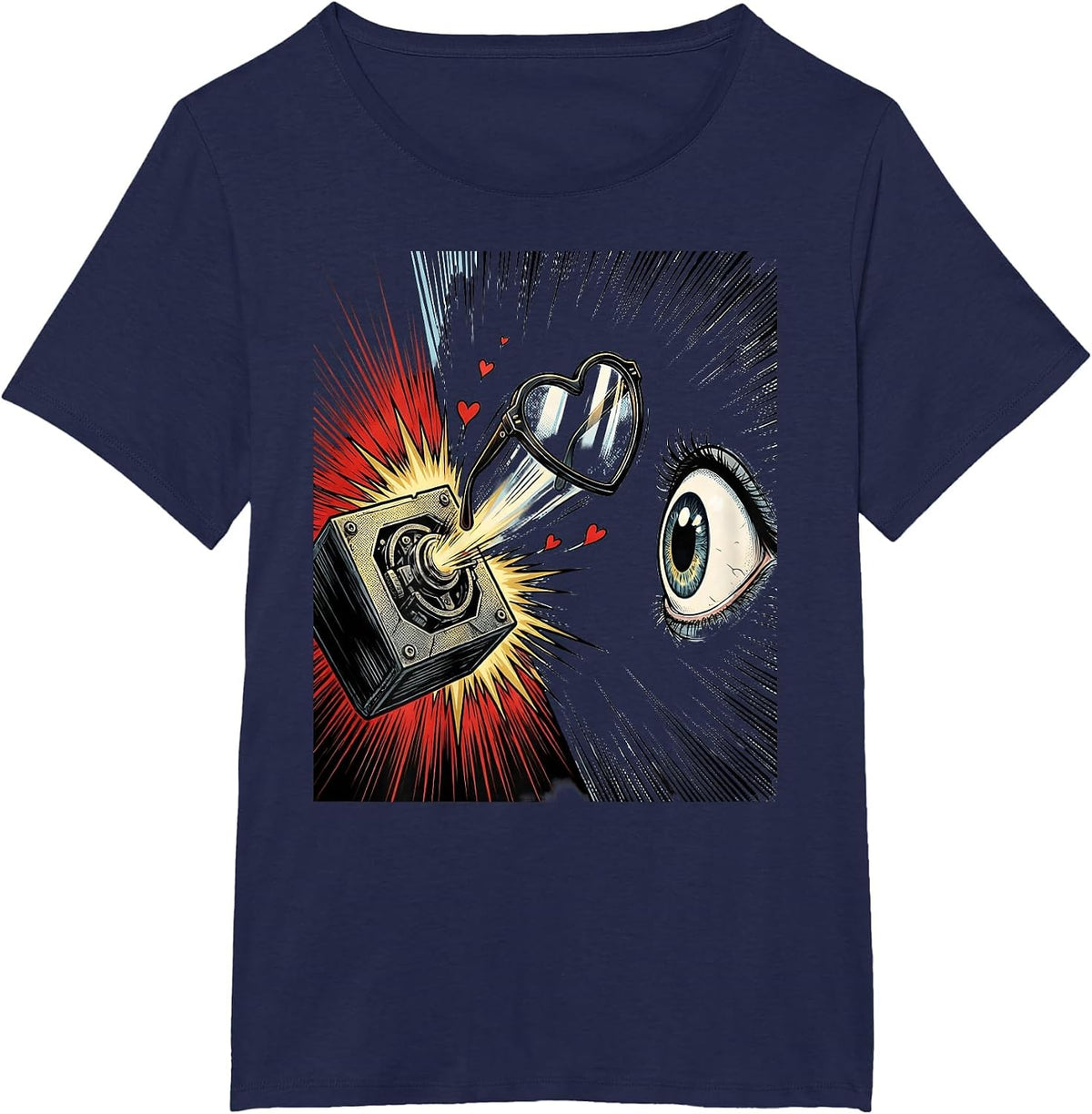 Women's Comic Lens Heart Optometrist Eye-Care Humor T-Shirt - Navy Blue
