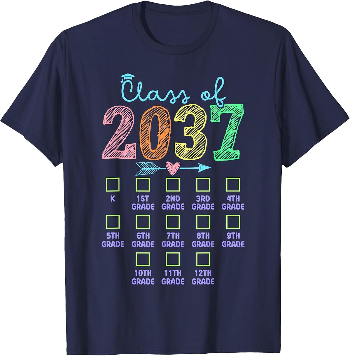 Class of 2037 Grow with Me Handprint Checklist K-12th Grade T-Shirt - Navy Blue