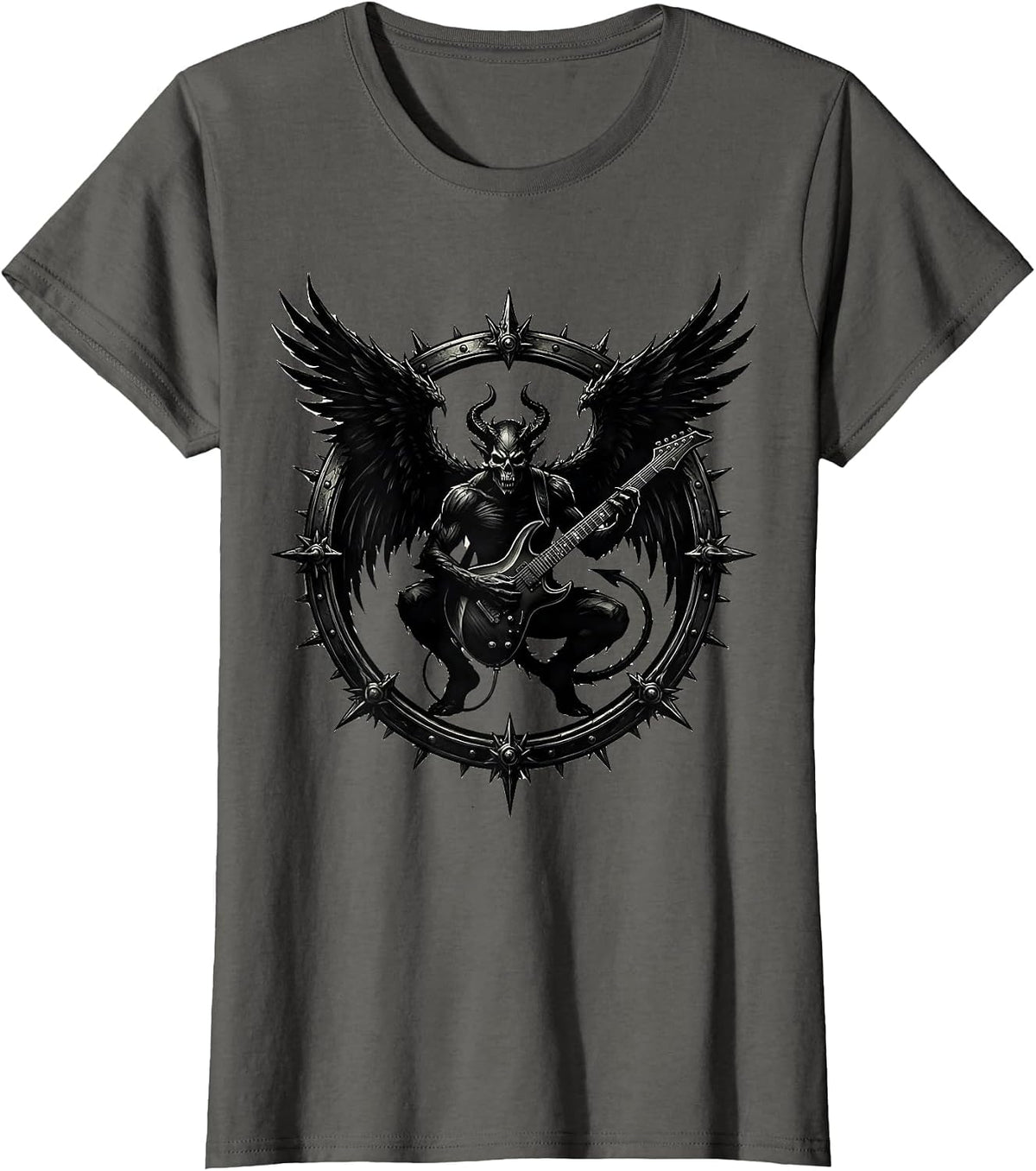 Women's Winged Demon Guitarist Heavy Metal Rock Illustration T-Shirt - Asphalt Grey