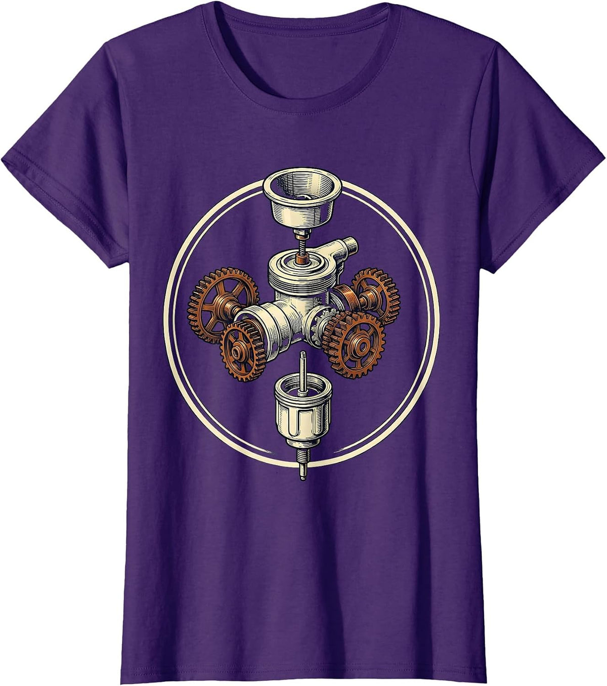 Women's Vintage Carburetor Overgrown With Mechanical Gears T-Shirt - Purple