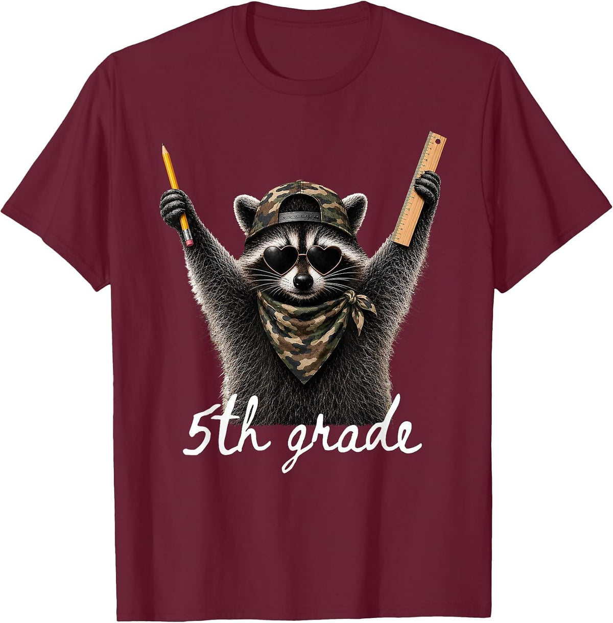 Fifth 5th Grade Raccoon Sunglasses First Day Back to School T-Shirt - Burgundy