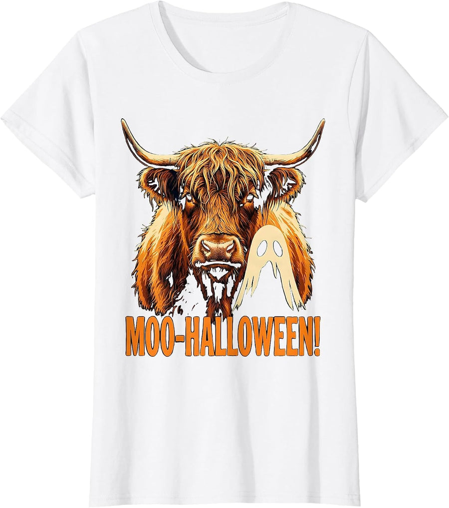 Women's Moo-Halloween! Whimsical Highland Cow Halloween Humor T-Shirt - White