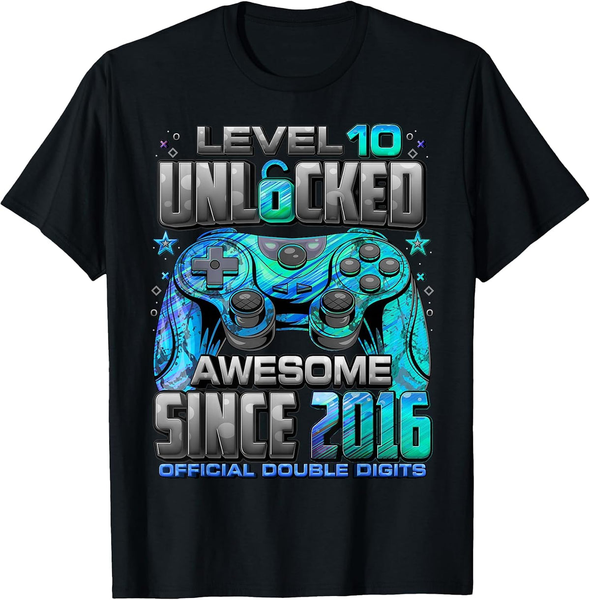 Level 10 Unlocked Awesome Since 2016 10th Birthday Gaming T-Shirt - Black