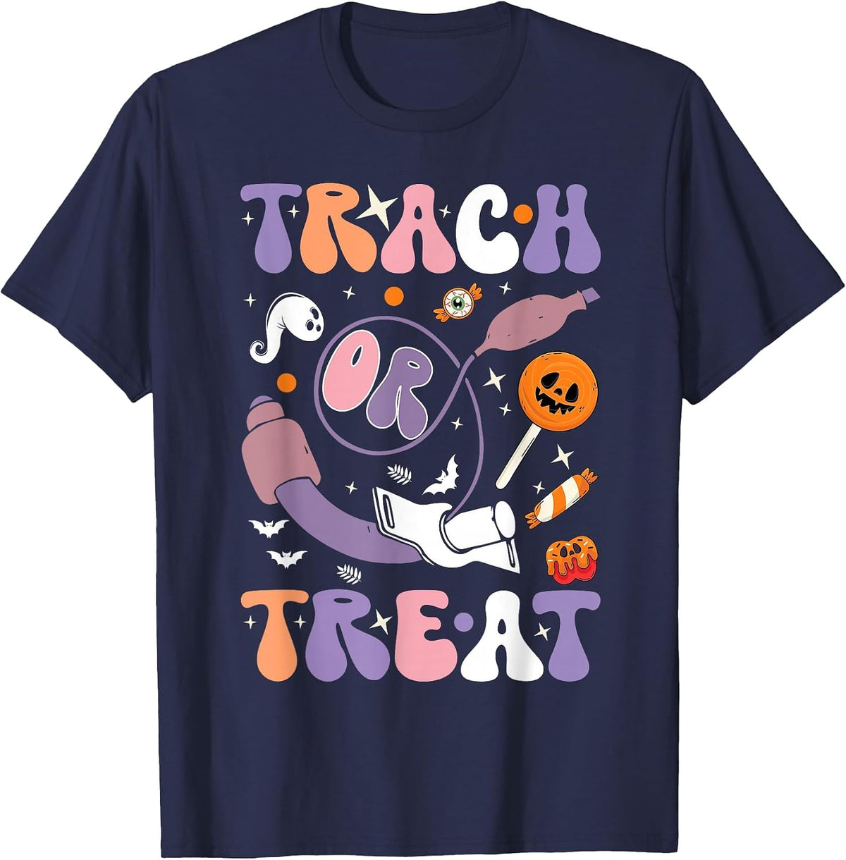 trach or Treat Nurse Respiratory Therapist ICU RN Halloween T-Shirt - Navy Blue