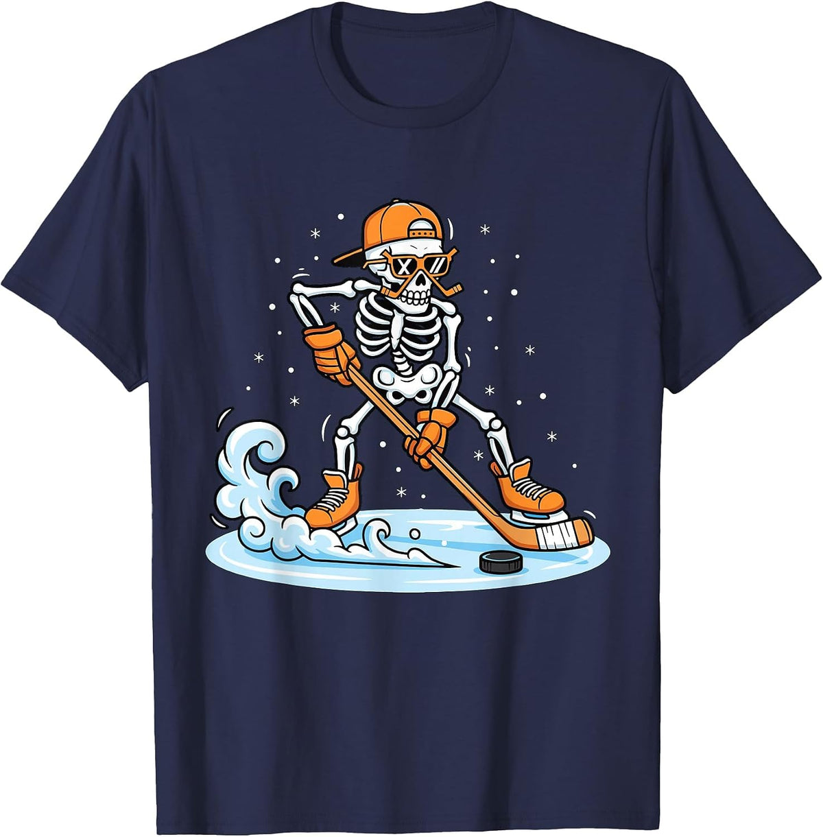 Funny Skeleton Ice Hockey Halloween Spooky Player Men Boys T-Shirt - Navy Blue