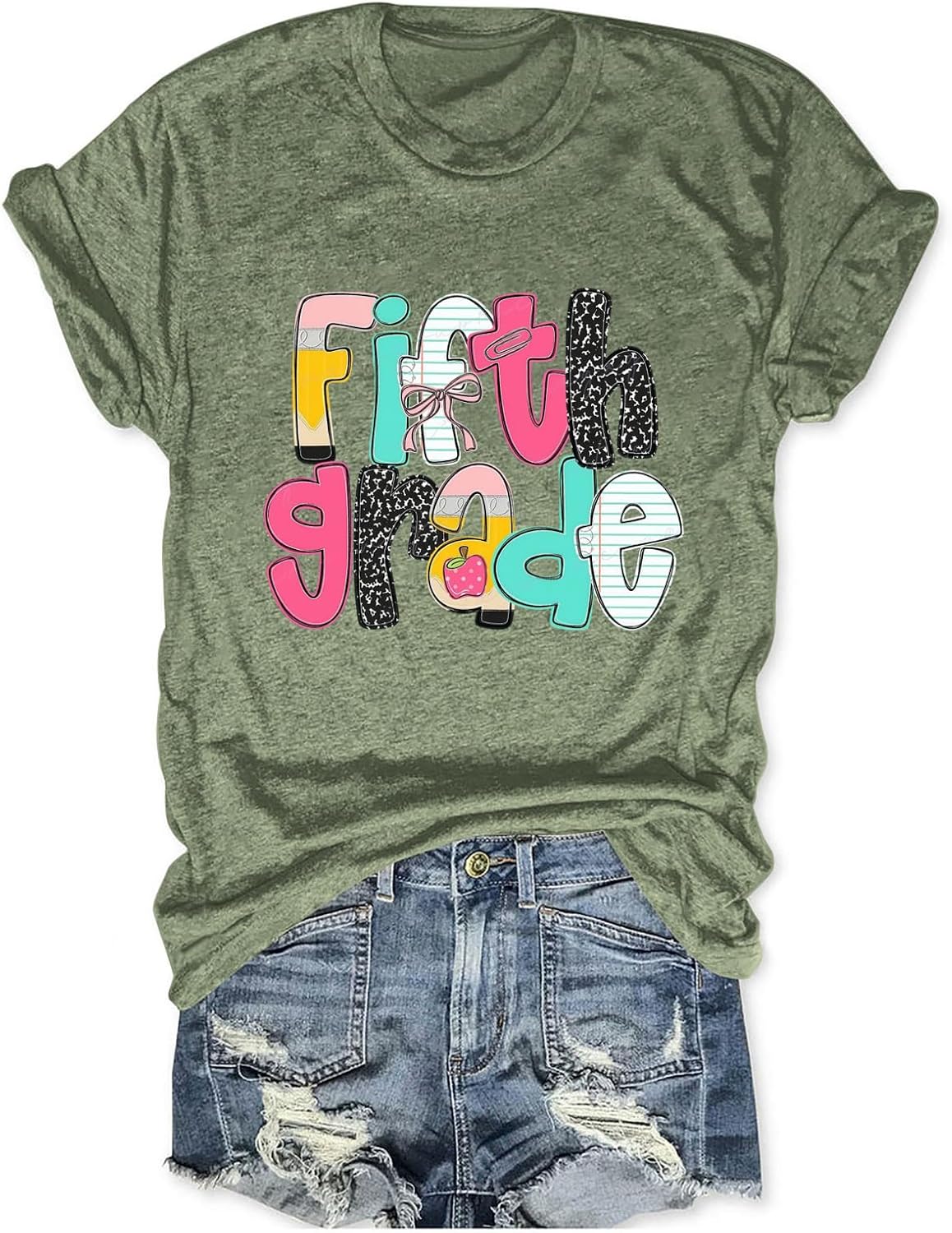 Fifth Grade Teacher Shirts Women Cute 5th Teaching Life Graphic Tee Shirt - Olive Green