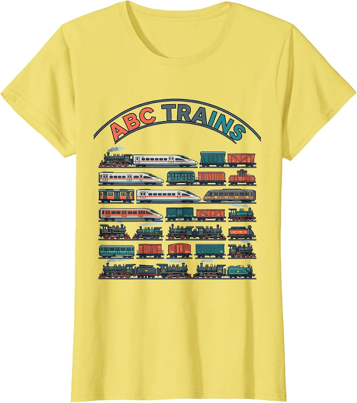 Women's ABC Trains Bold Alphabet A-Z Kids Learning Letters Railway T-Shirt - Lemon Yellow