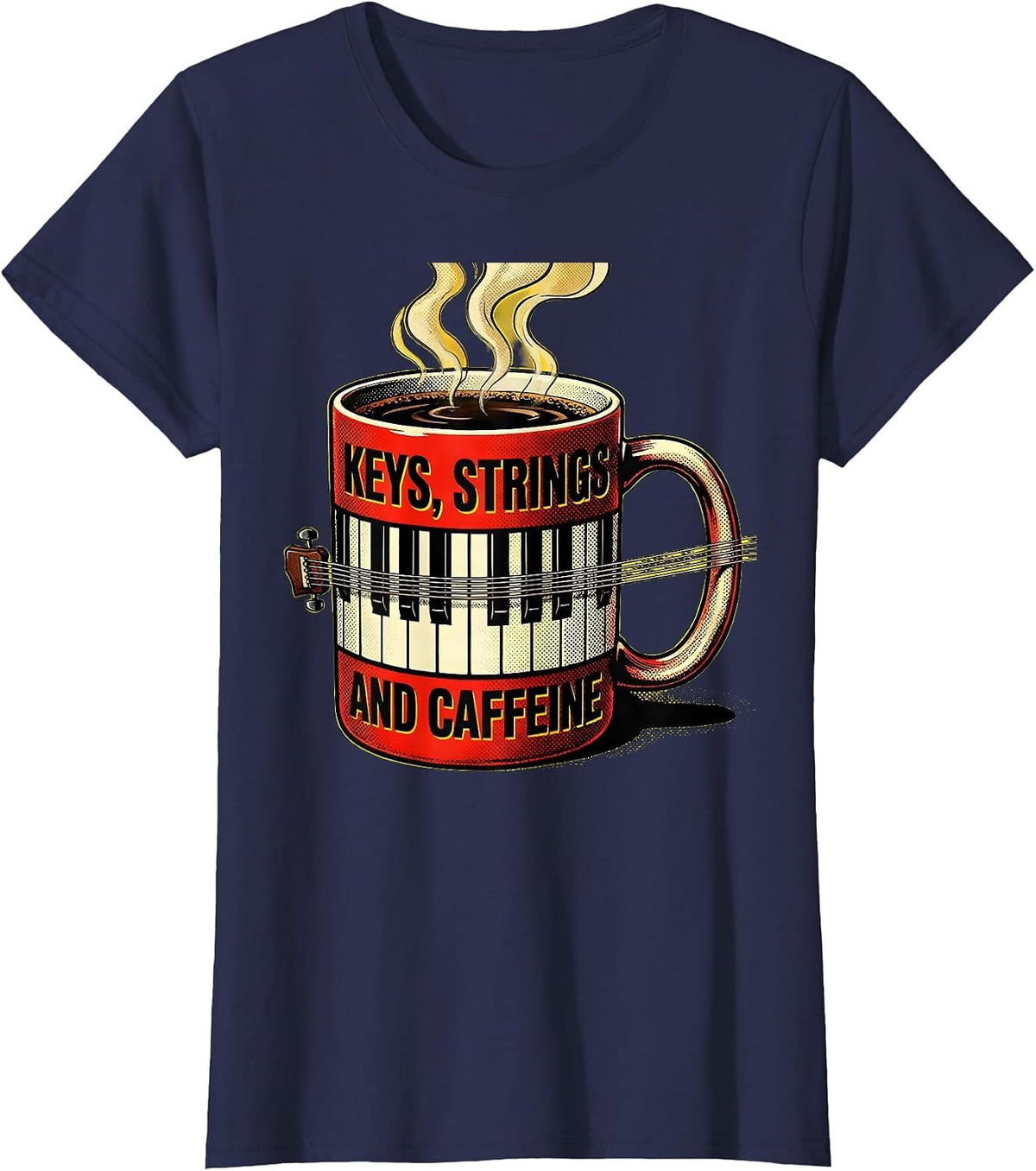 Women's Keys, Strings, and Caffeine Music Teacher Design T-Shirt - Navy Blue