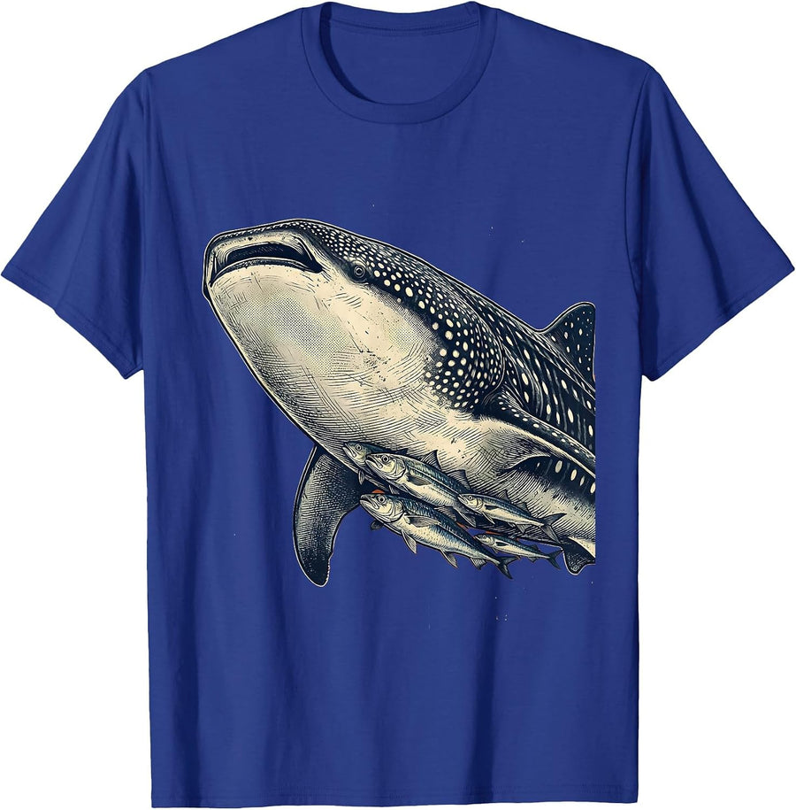Whale Shark With Tiny Fish Passengers Illustration T-Shirt - Royal Blue
