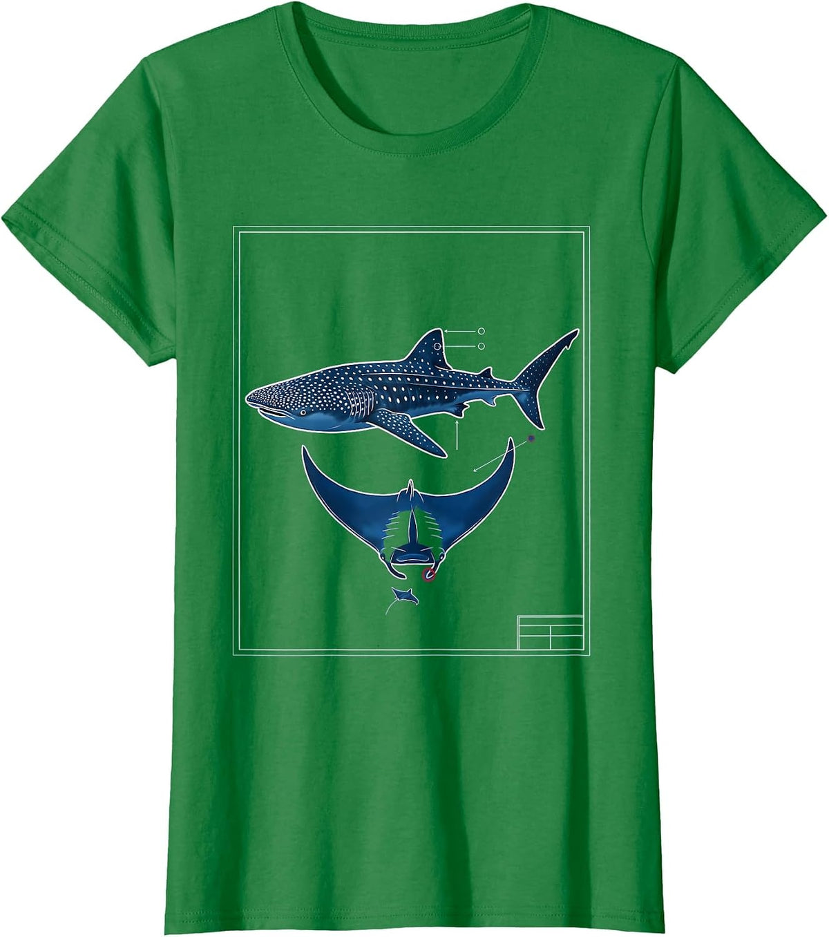 Interlocked Whale Shark Manta Ray Technical Blueprint Ocean T-Shirt - Kelly Green