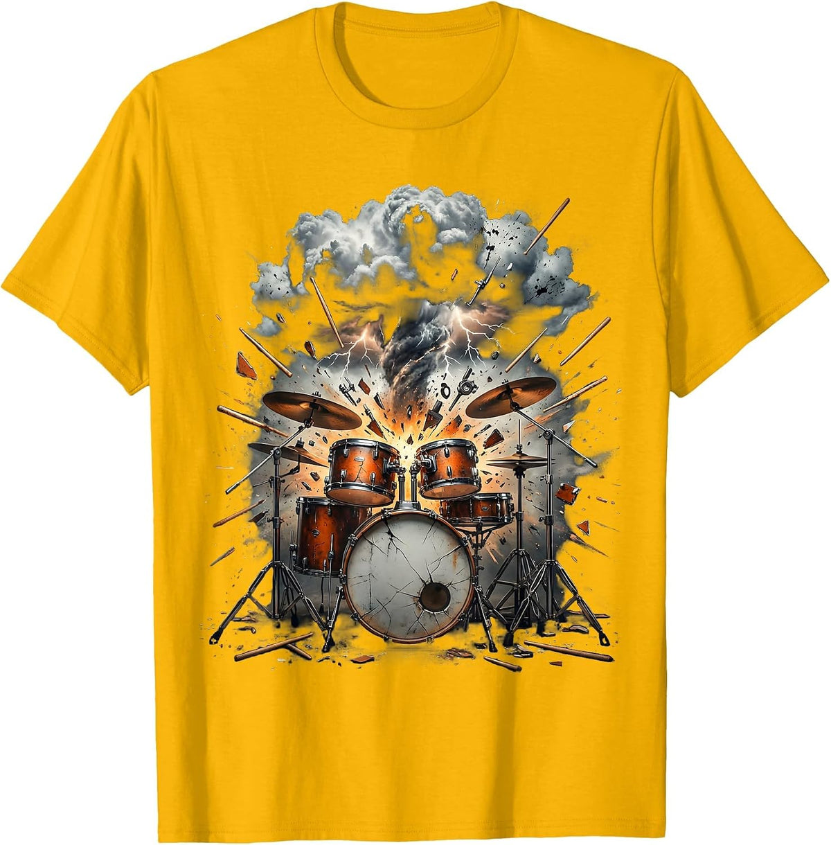 Drum Kit Explosion Thundercloud Burst Design T-Shirt - Golden Yellow