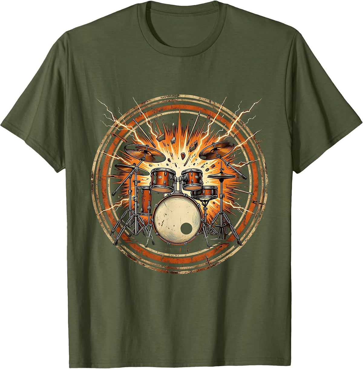 Exploding Drum Kit Lightning Bolt Rock Graphic T-Shirt - Olive Green