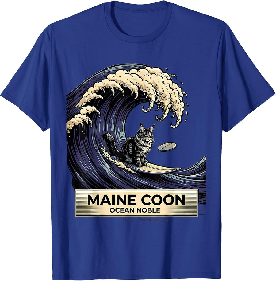 Maine Coon Ocean Noble Cartoon Cat Surfing Japanese Art T-Shirt - Royal Blue
