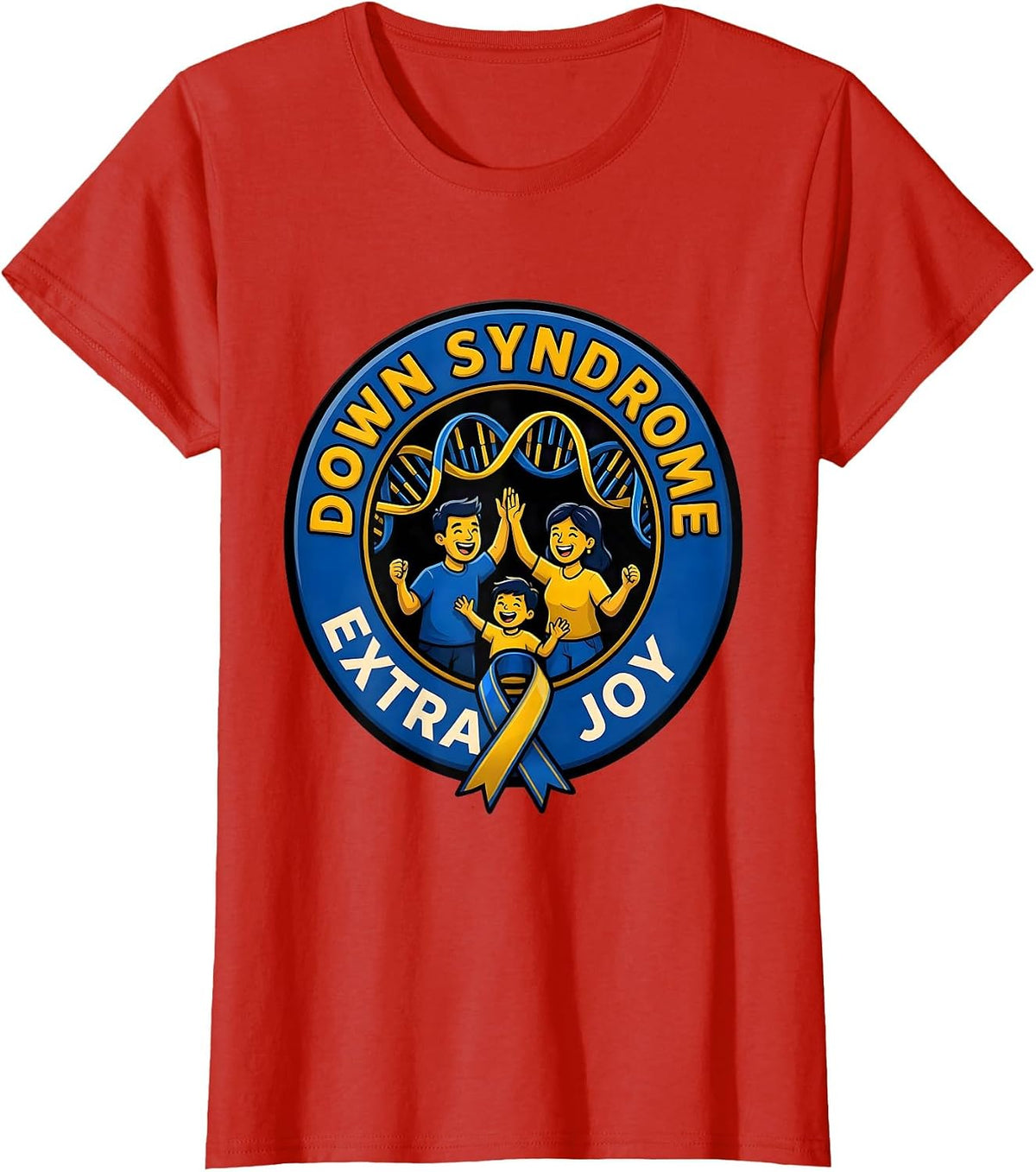 Down Syndrome Extra Joy Cartoon Family Support Awareness T-Shirt - Red