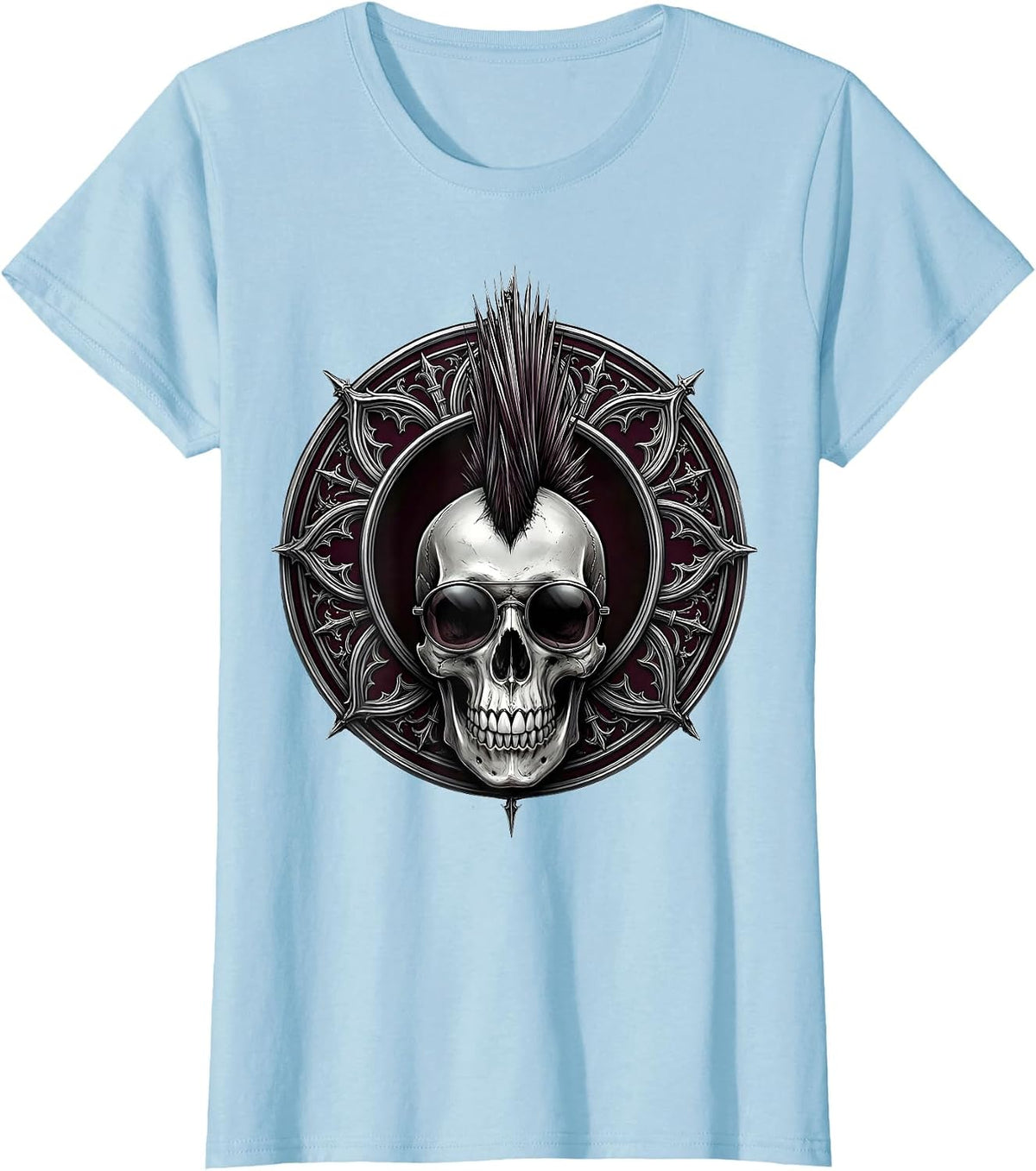 Punk Rock Skull Mohawk Sunglasses Graphic T-Shirt - Baby Blue