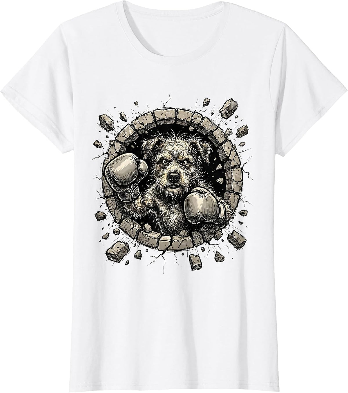 Crazy Dog Boxing Gloves Punching Through Wall T-Shirt - White