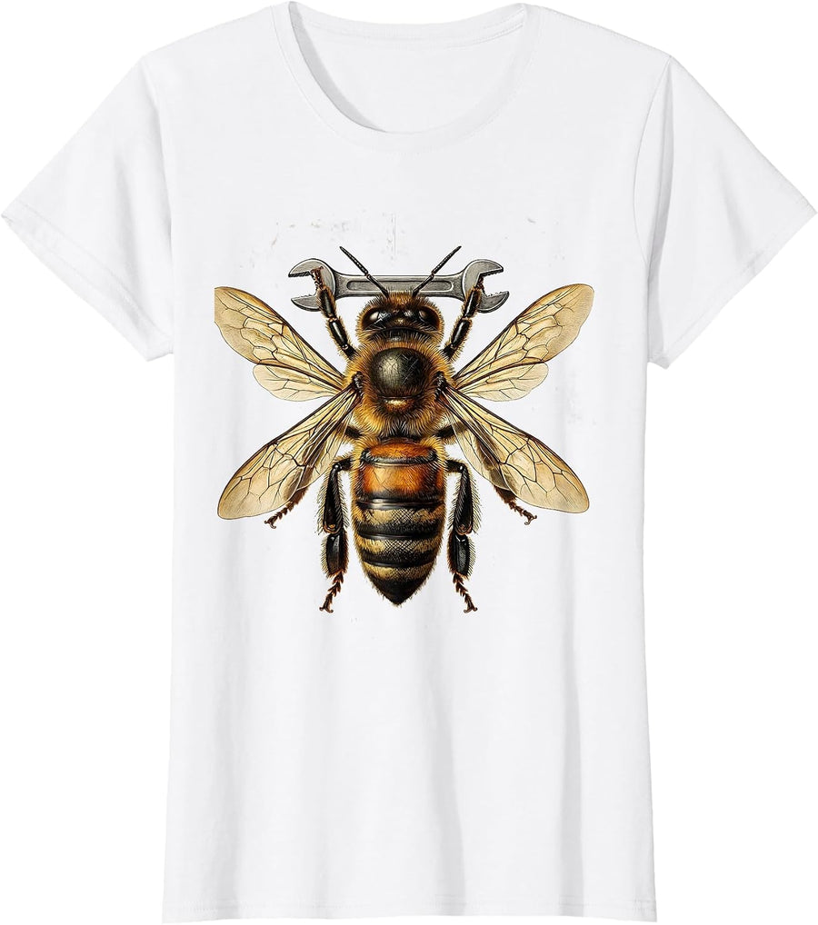 Women's Bee Mechanic Holding Wrench Funny Bug Art T-Shirt - White