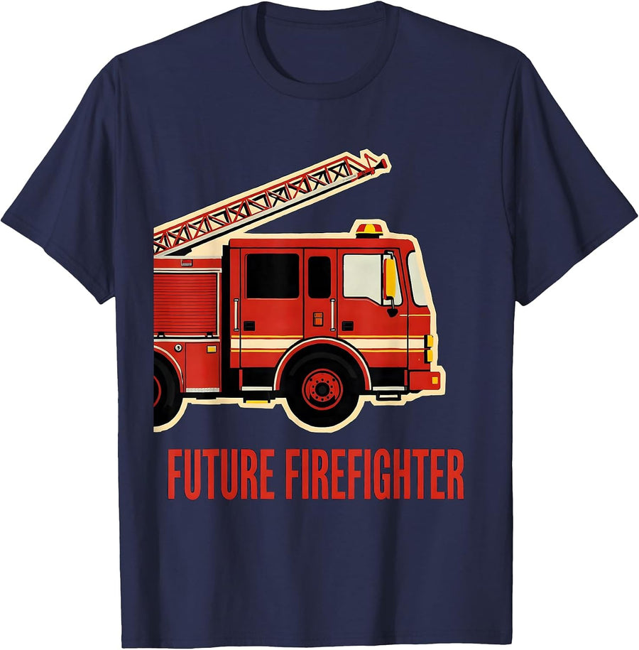 Future Firefighter Playful Fire Truck Kids Birthday T-Shirt - Navy Blue
