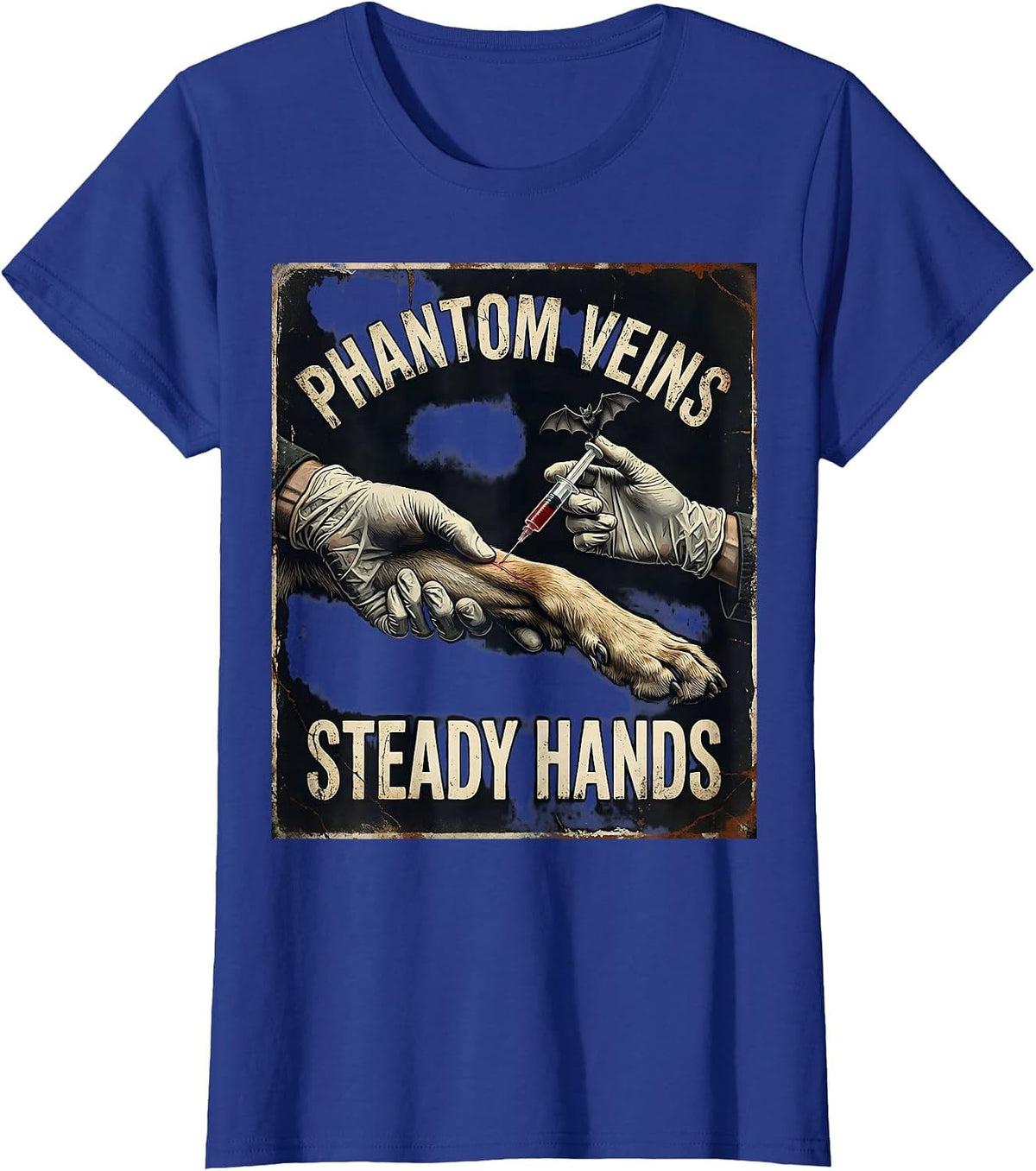 Women's Phantom Veins Steady Hands Distressed Vet Tech Halloween T-Shirt - Royal Blue