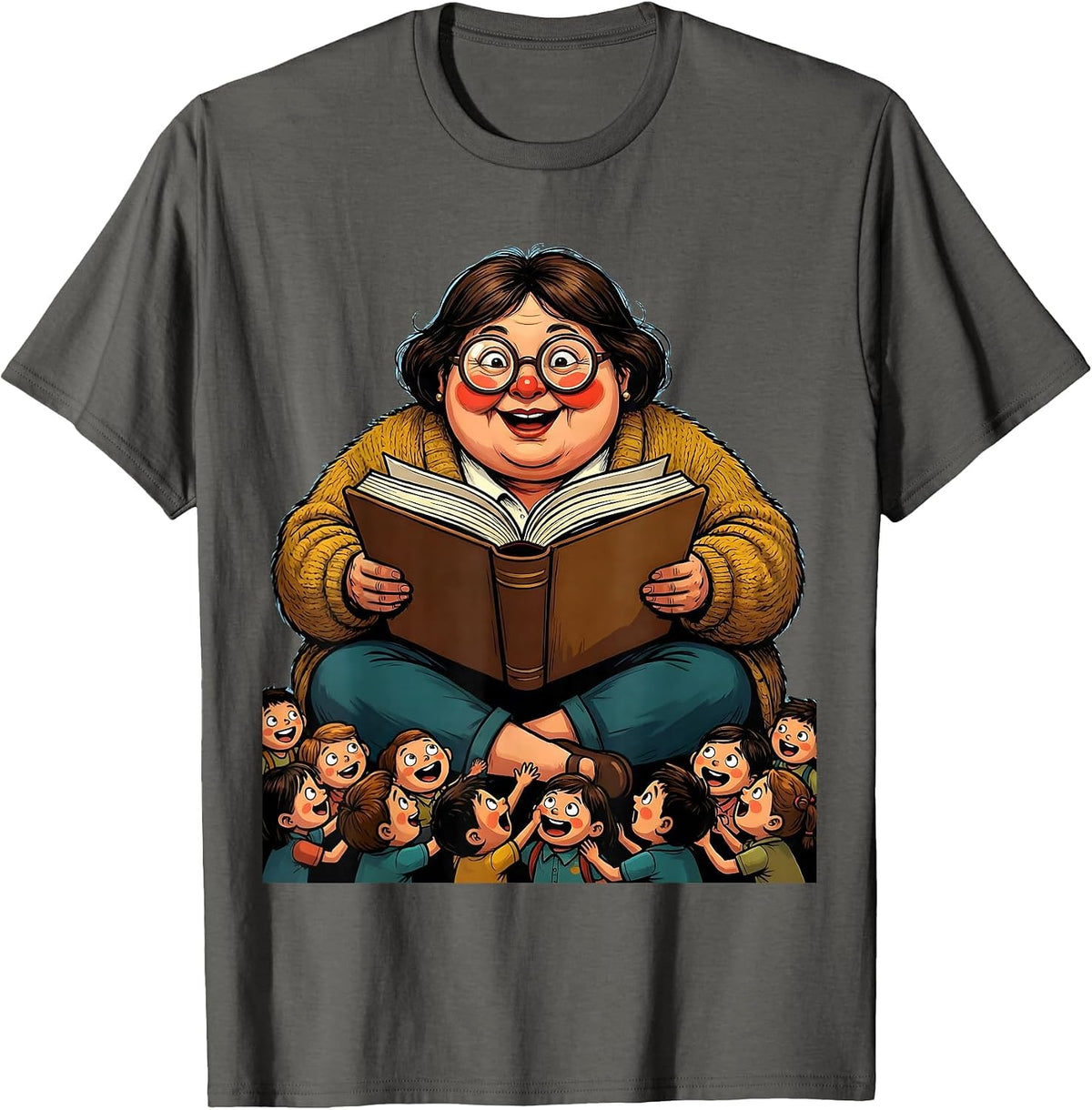 Cozy Teacher Reading Aloud to Tiny Students T-Shirt - Asphalt Grey
