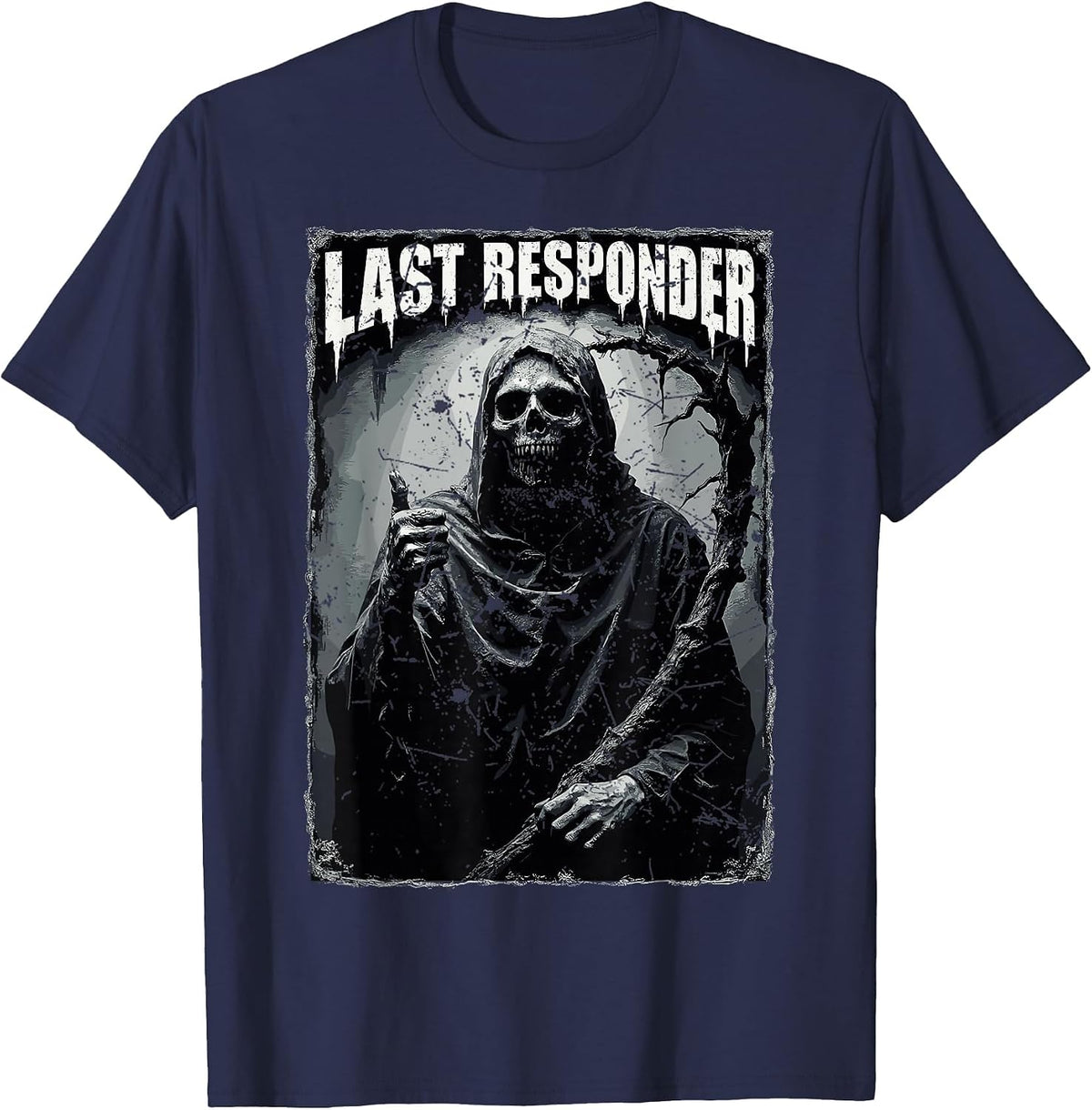 Creepy Dark Grim Reaperv Last Responder Death Heavy Metal T-Shirt - Navy Blue