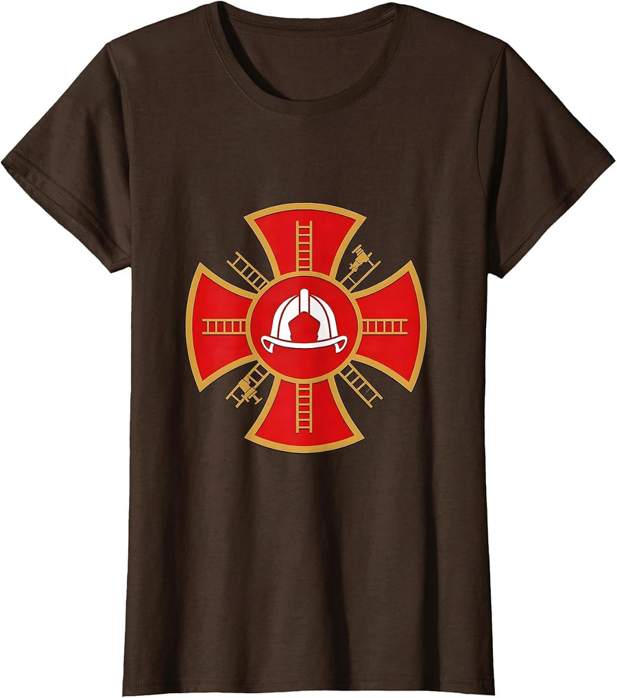 Women's Sealed Maltese-Cross Fire Helmet Badge Firefighter Pride T-Shirt - Brown