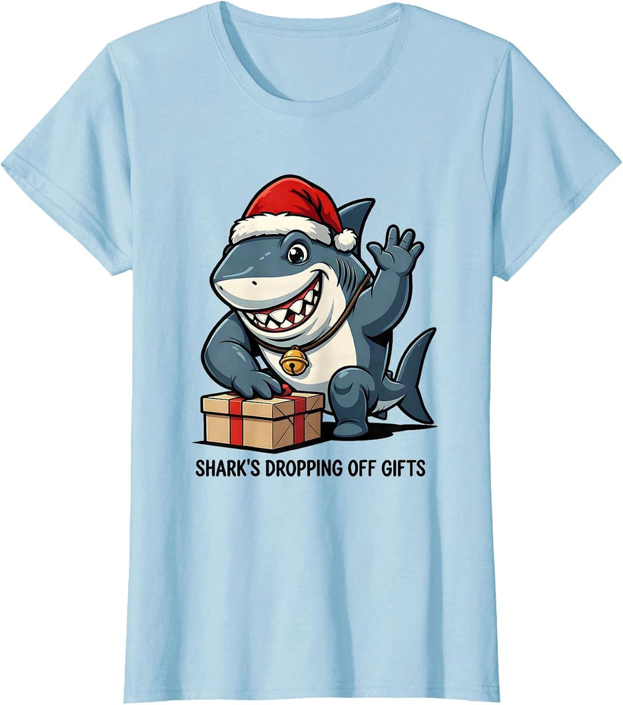 Women's Shark's Dropping Off Gifts Cartoon Shark Lover Christmas T-Shirt - Baby Blue