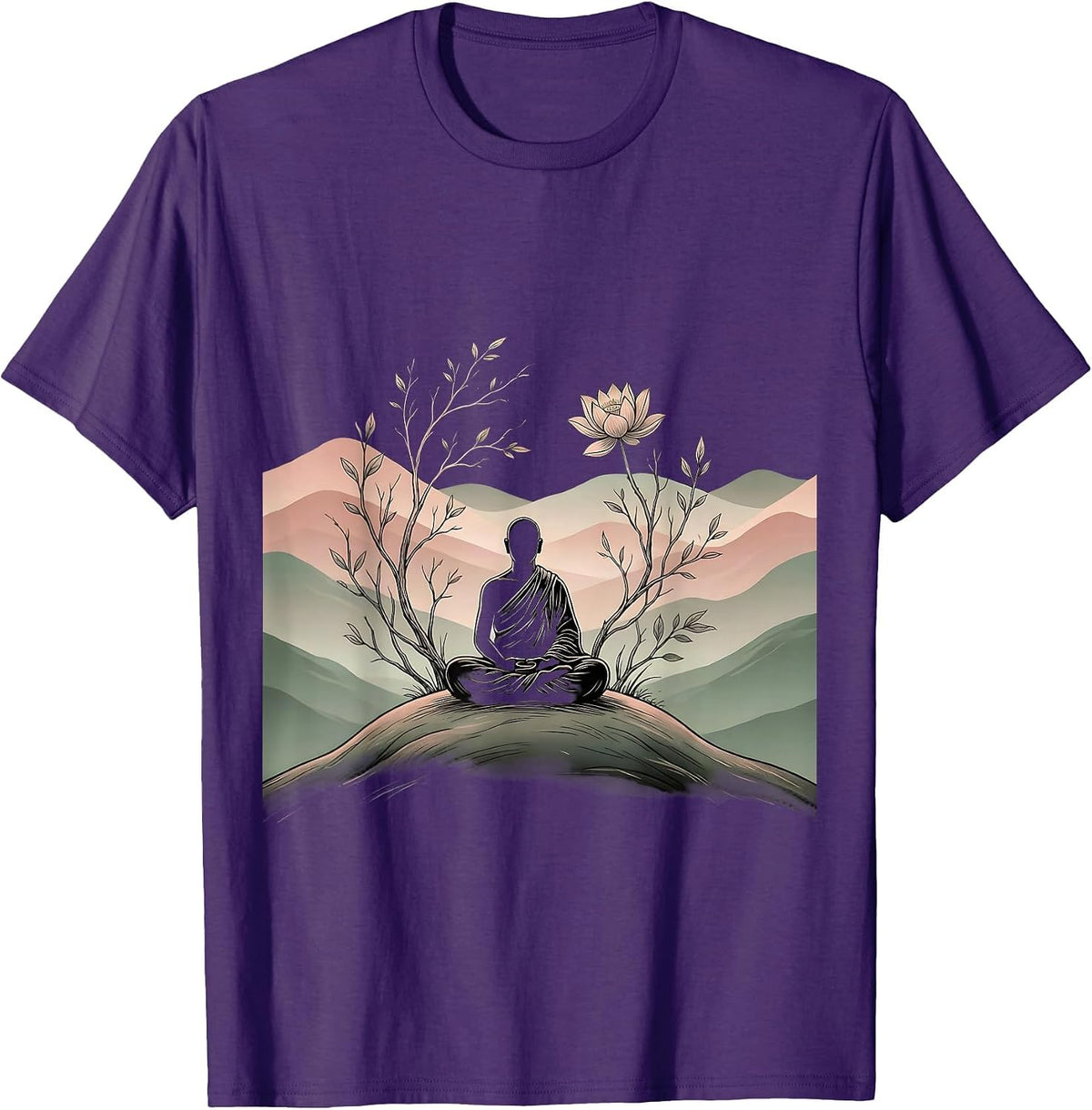 Monk Meditating on Misty Hilltop Pray Design T-Shirt - Purple