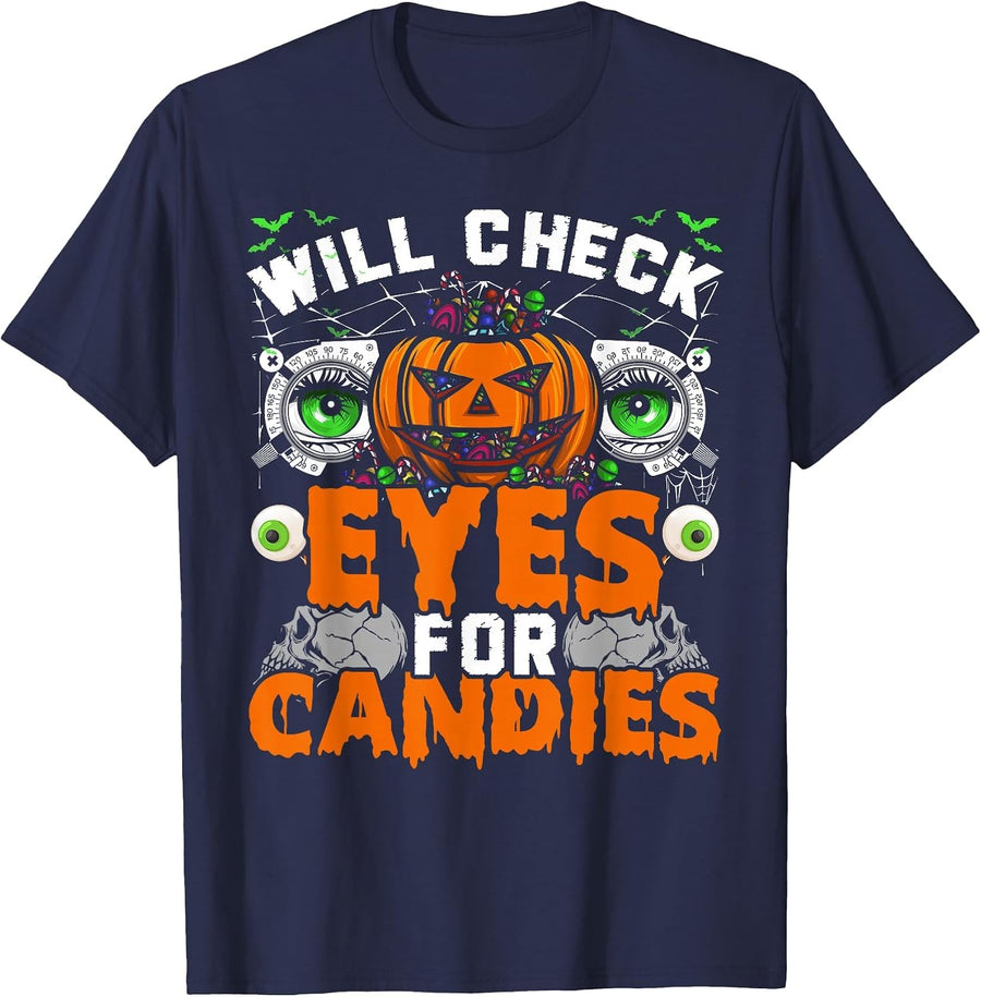 Optometrist Will Check Eyes for Candies Halloween Party T-Shirt - Navy Blue