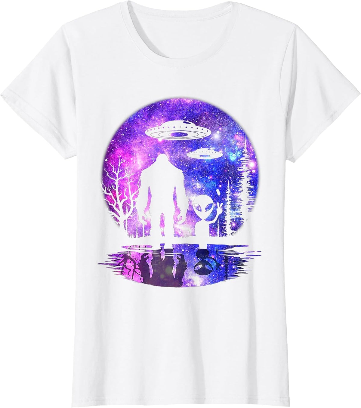 Alien and Bigfoot Full Moon Sasquatch UFO T-Shirt - White