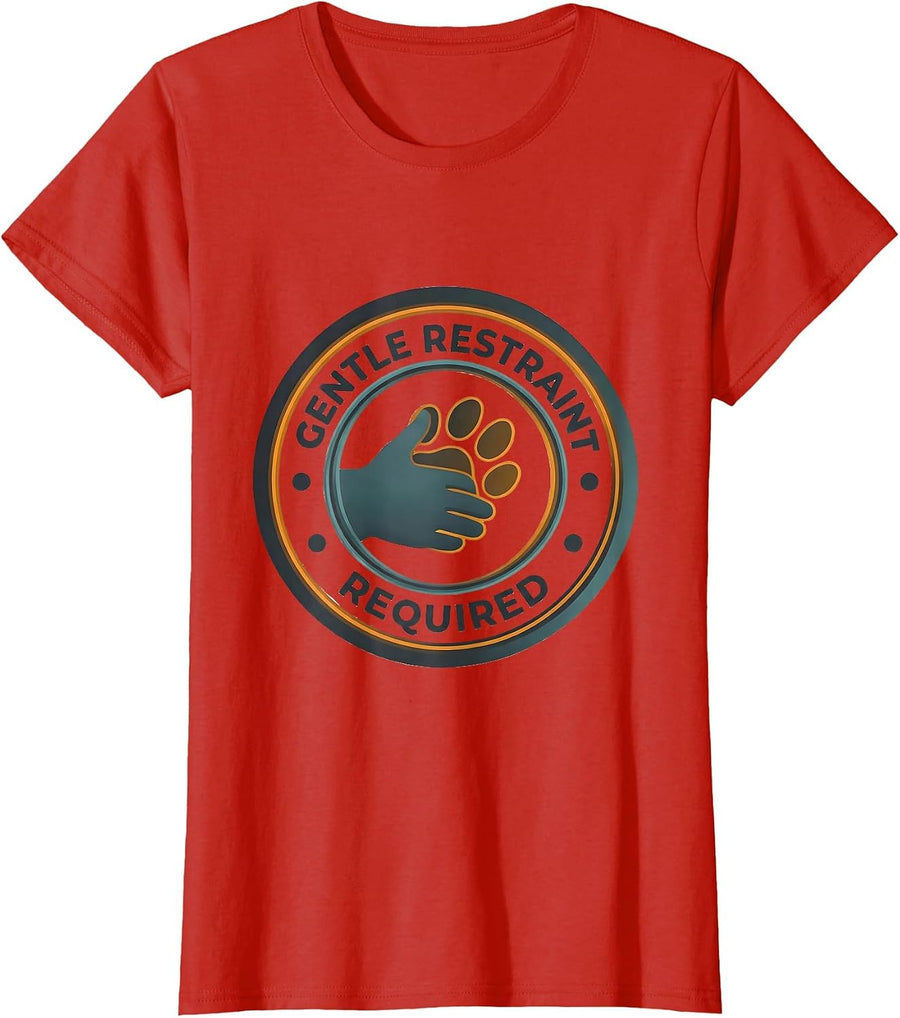 Women's GENTLE RESTRAINT REQUIRED Editorial Conceptual Vet Tech T-Shirt - Red