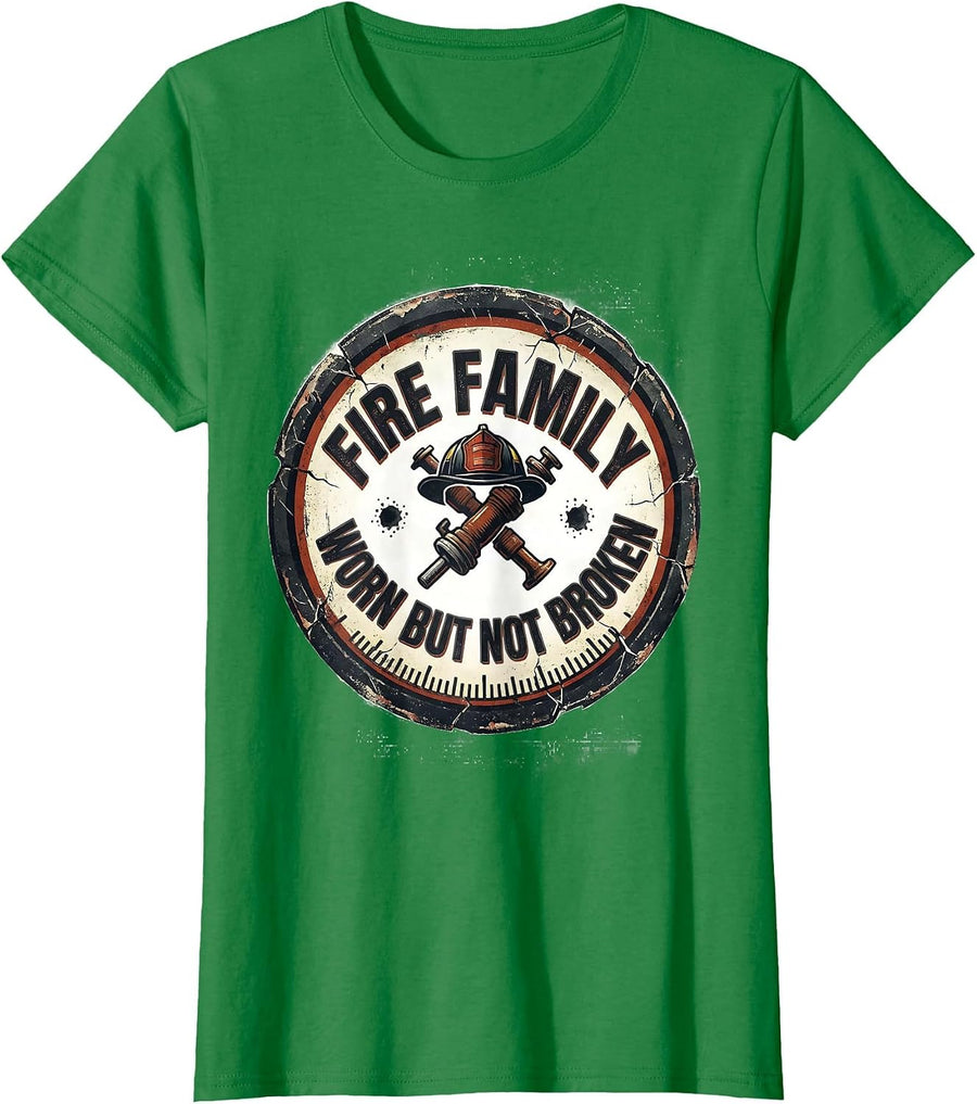 Women's Fire Family Worn But Not Broken Distressed Firefighter Pride T-Shirt - Kelly Green