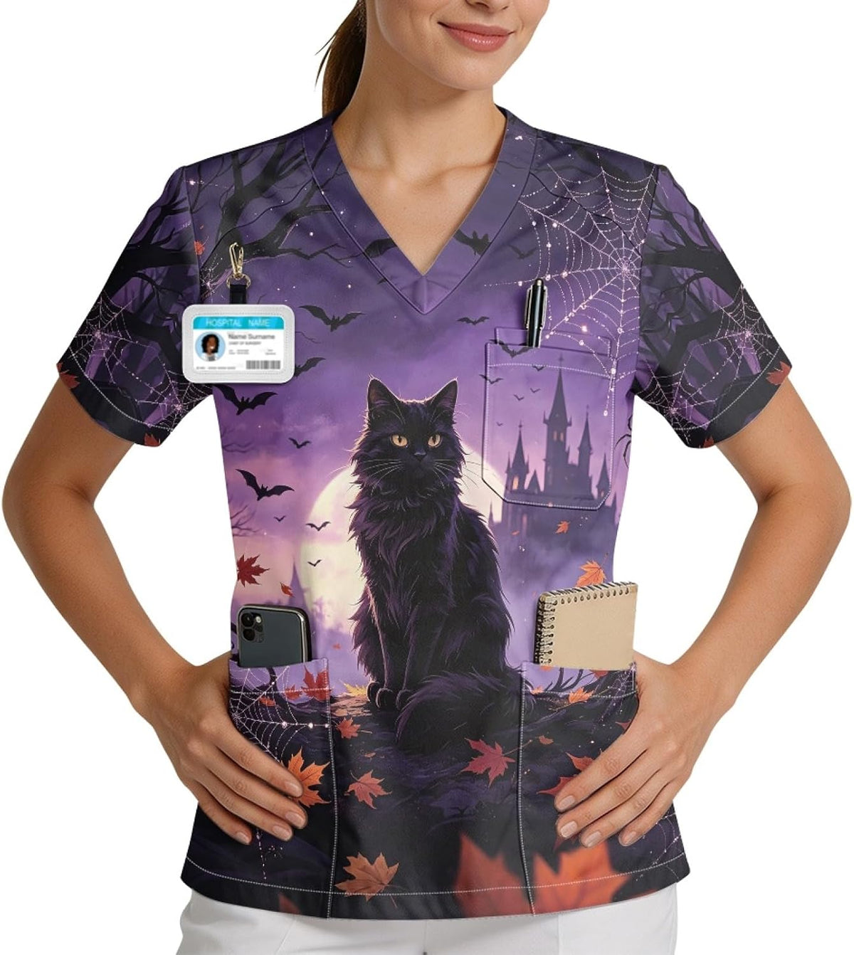 V-Neck Printed Soft Scrub Tops with 3 Pocket for Women, Size S-5XL - Halloween Cat
