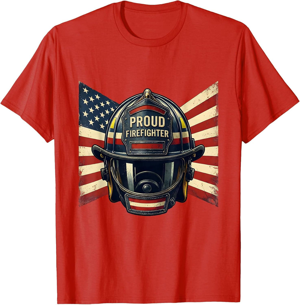 Men's Proud Firefighter Patriotic Fireman American Flag Occupation T-Shirt - Red