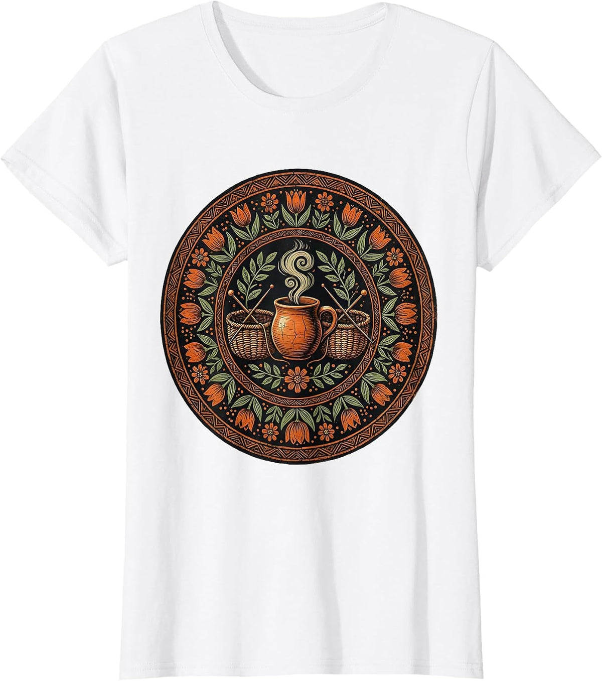 Women's Cozy Tea and Knitting Basket Mom Graphic T-Shirt - White