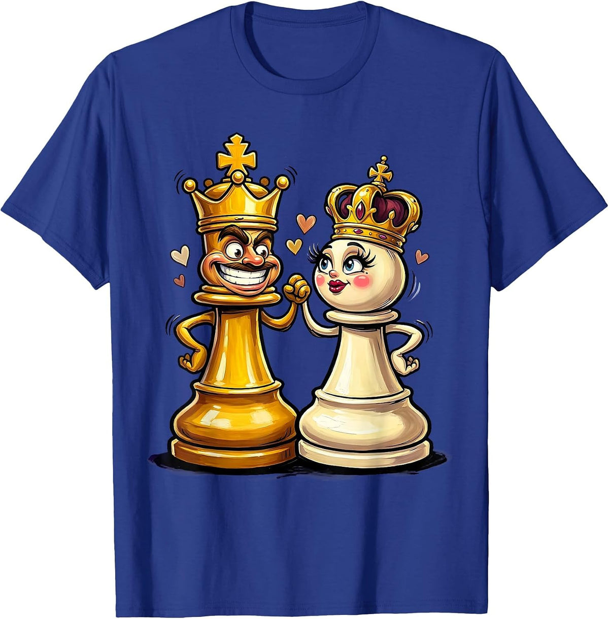 King and Queen Chess Piece Couples Design T-Shirt - Royal Blue