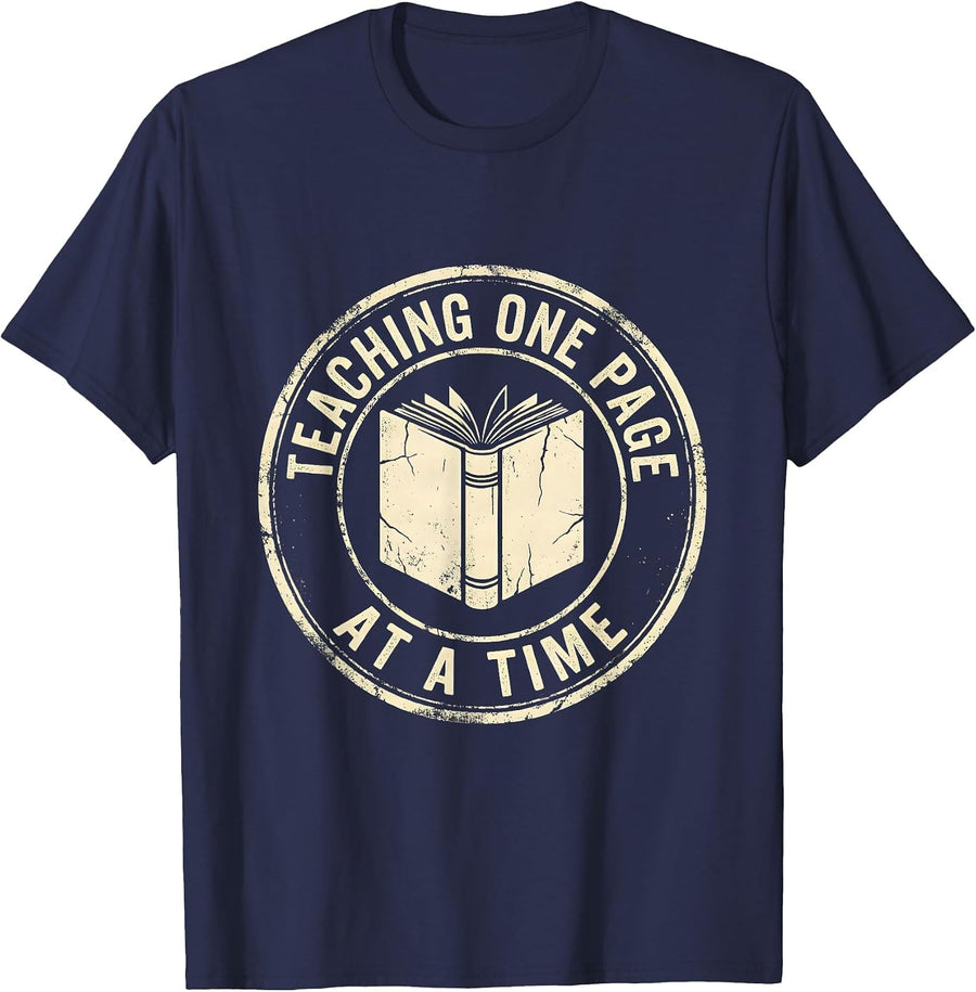 Reading Teacher Teaching One Page At A Time T-Shirt - Navy Blue