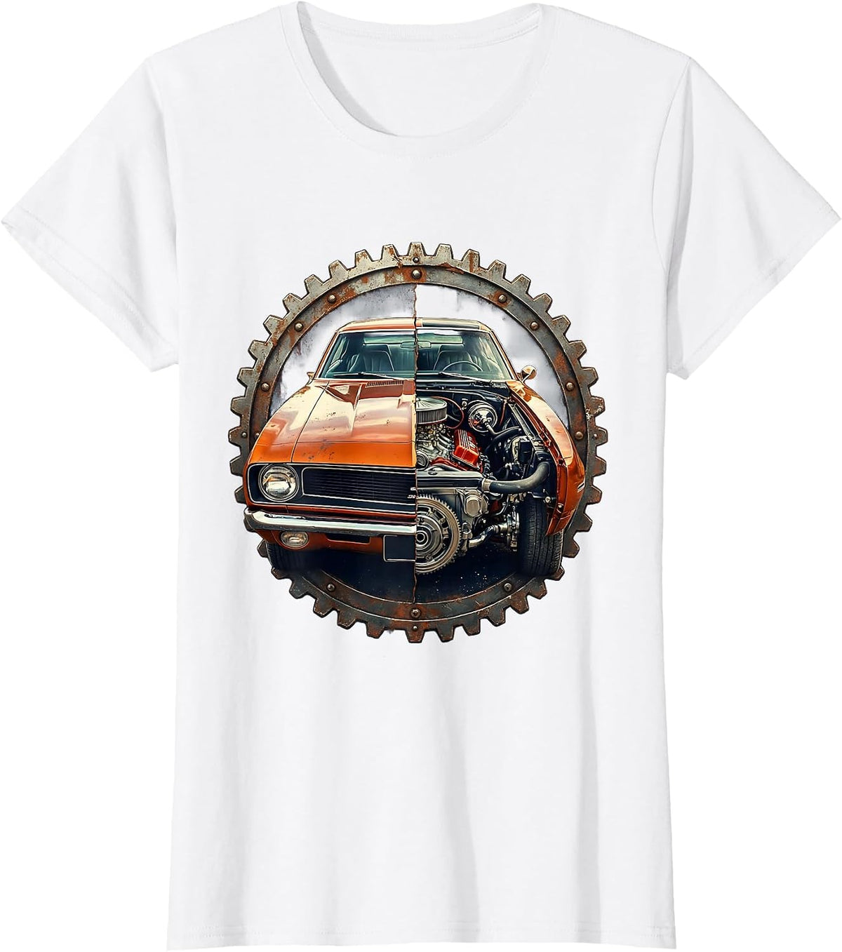 Classic Car Split Open Roaring Engine Illustration T-Shirt - White